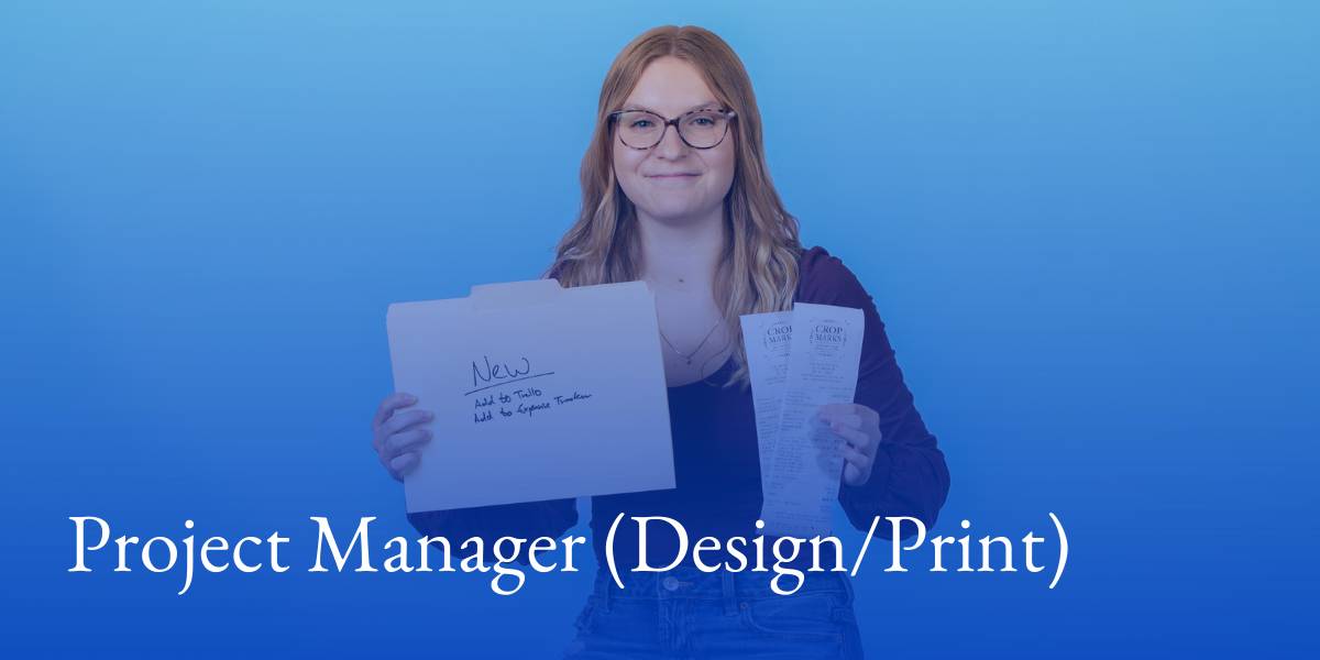 A student smiling and holding up a folder and receipts. Text reads "project manager (design/print)".